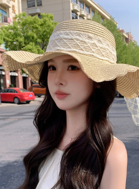 韩系蝴蝶结蕾丝草帽女夏季海边