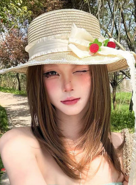 树莓蝴蝶结大檐草编遮阳帽女夏季