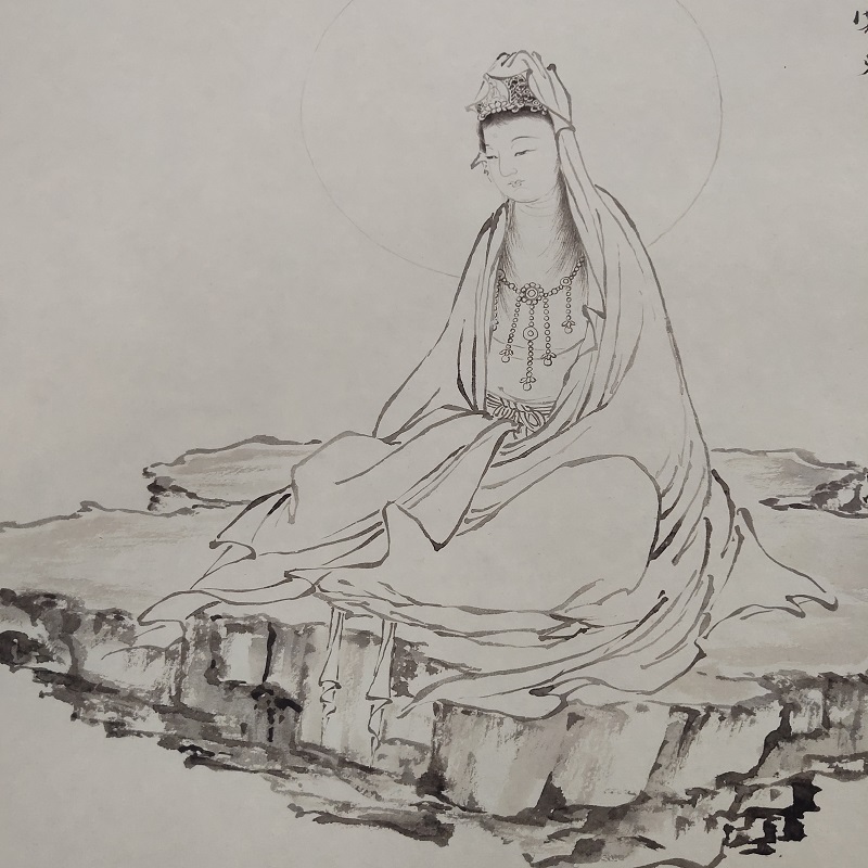 夏荆山白描观音古代书画人物佛像挂轴国画真迹仿古复制微喷装饰画-图0