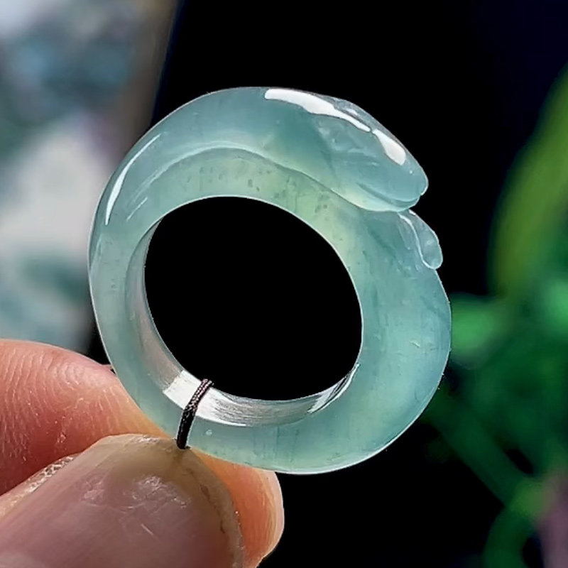Limited edition natural A-grade fidelity jadeite ice species blue water jade phoenix ring nine-tailed fox ring dragon snake tail ring