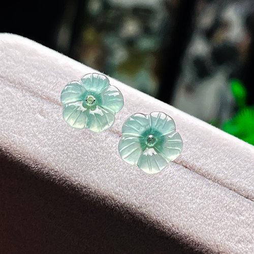 保真天然翡翠A货有钱花耳钉迷你小花盛开花朵S925银镶嵌冰底蓝刚 - 图1