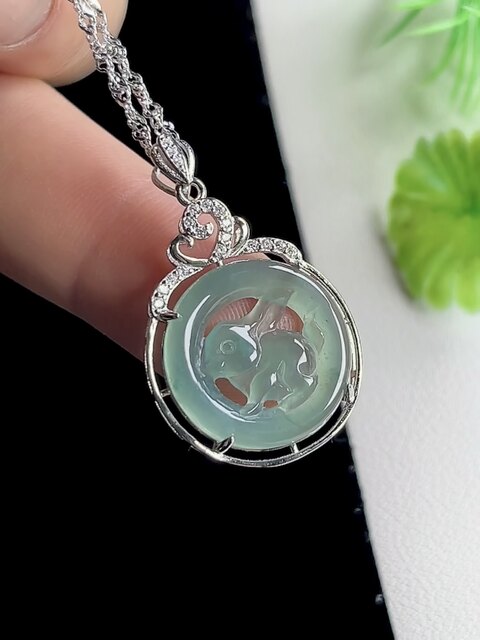 Natural Jade A Grade Rabbit Jade Pendant Ice Type 925 Silver