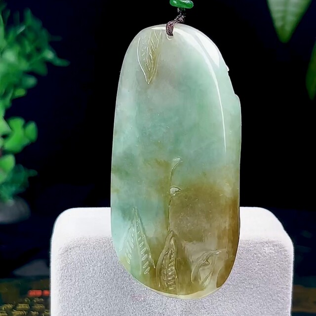 Natural jade A goods double color floating green landscape brand jade pendant Burmese material jade mountain flowing water jade brand pendant large piece