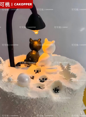 ins网红新款路灯黑白小猫套装520情人节周年告白蛋糕装饰甜品摆件
