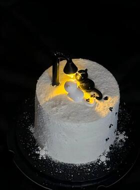 路灯小猫软胶小摆件黑色气球爱心蜡烛套装情人节周年生日蛋糕装饰