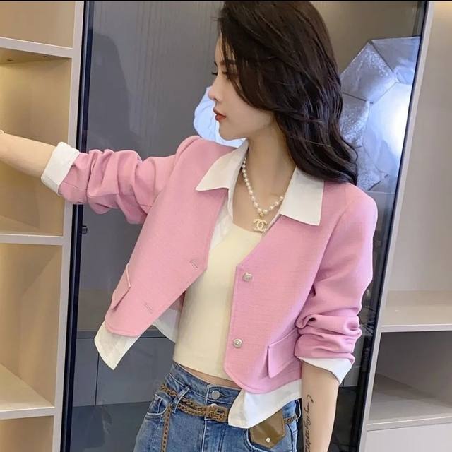 Spring and autumn summer women's clothing, sweet and small slim jacket, shirt collar spliced ​​internet celebrity temperament, top