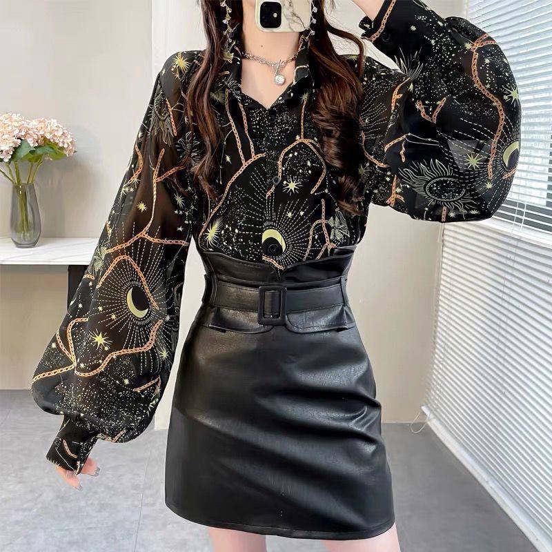 洋气翻领女士衬衫2023年春秋新款宽松灯笼袖衬衣女印花雪纺上衣女,淘宝优惠券,粉丝福利购,淘宝优惠卷