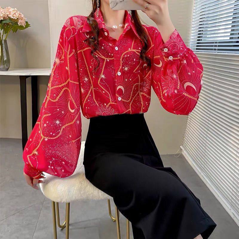 洋气翻领女士衬衫2023年春秋新款宽松灯笼袖衬衣女印花雪纺上衣女,淘宝优惠券,粉丝福利购,淘宝优惠卷