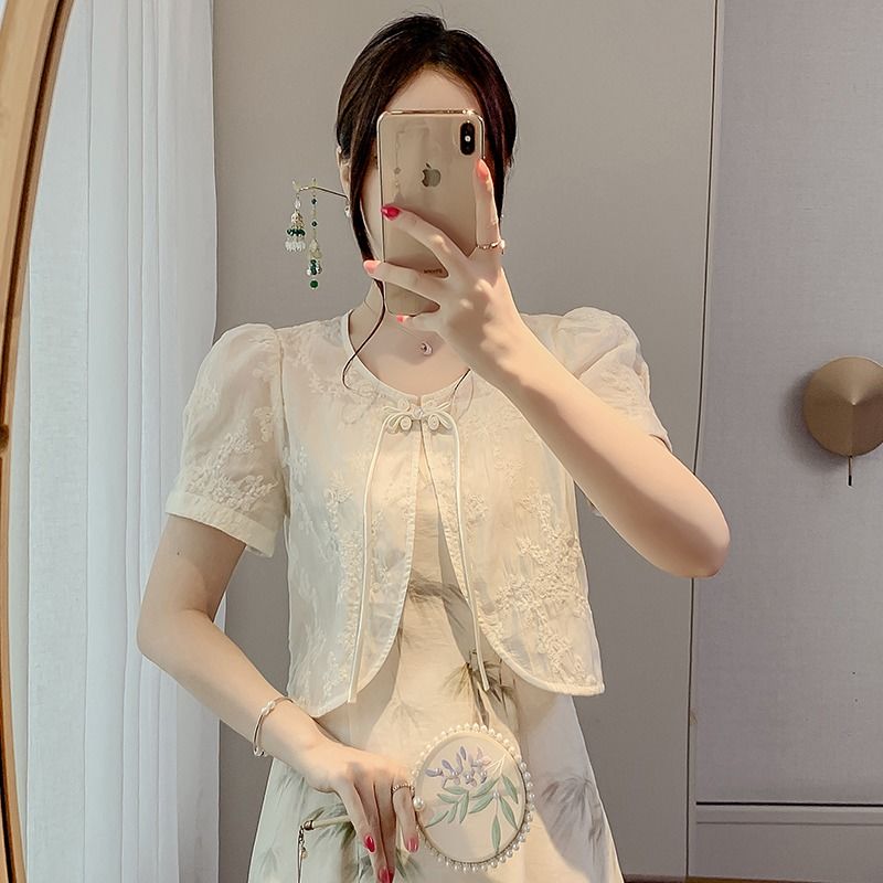 新中式国风蕾丝防晒衬衫女夏季薄款吊带裙外搭小披肩开衫气质上衣 - 图1