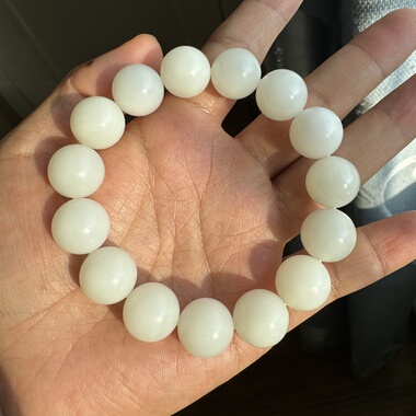 新疆且末和田玉白玉手链糯米白无瑕疵14圆珠男女手串福利特价款