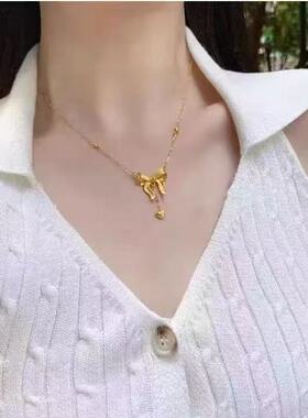 【在逃公主项链】金店同款黄金色蝴蝶结吊坠轻奢小众锁骨链高级感