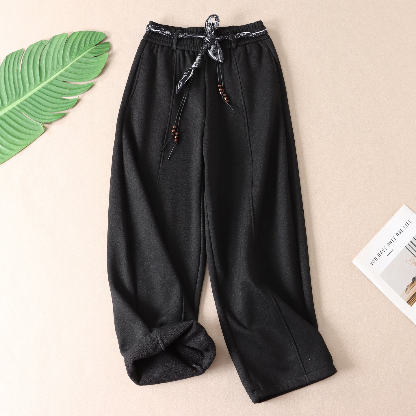 710克~韩系配腰带加厚绒保暖显瘦阔腿裤女冬新休闲弯刀长裤子 W26,淘宝优惠券,粉丝福利购,淘宝优惠卷