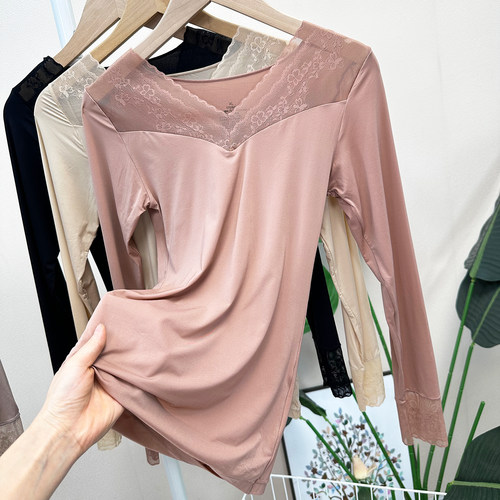 秋冬超薄保暖基底衣性感蕾丝V领紧身打底秋衣面膜美肤衣女W3237 - 图0