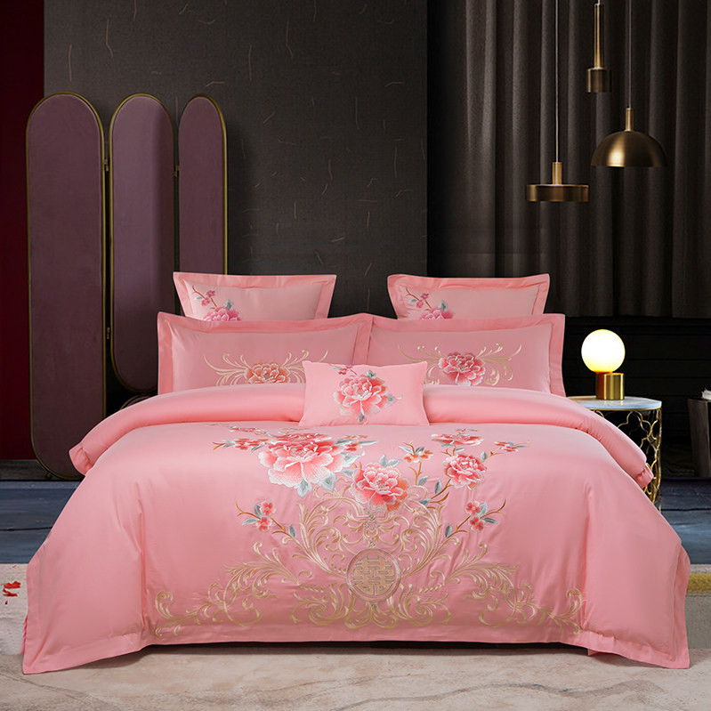 雅鹿结婚庆全棉家纺四件套大红粉色绣花被套罩床单婚房新中式床品,淘宝优惠券,粉丝福利购,淘宝优惠卷