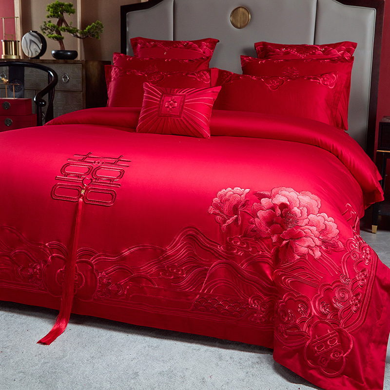 雅鹿家纺纯棉四件套结婚大红色六件套婚庆床上用品婚房喜被罩新婚