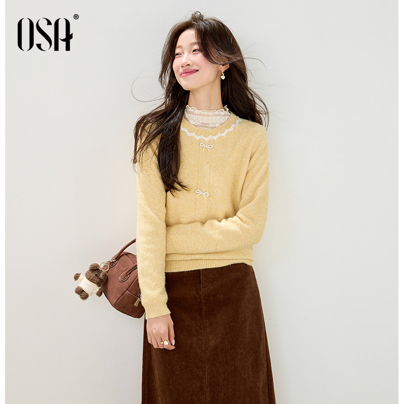 OSA欧莎浪漫蕾丝边圆领毛针织衫女秋季2025新款蝴蝶结套头衫上衣,淘宝优惠券,粉丝福利购,淘宝优惠卷