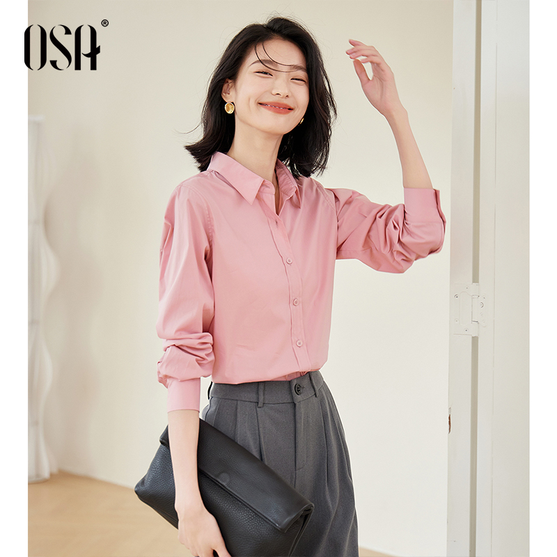 OSA欧莎秋装新品粉色长袖衬衫女