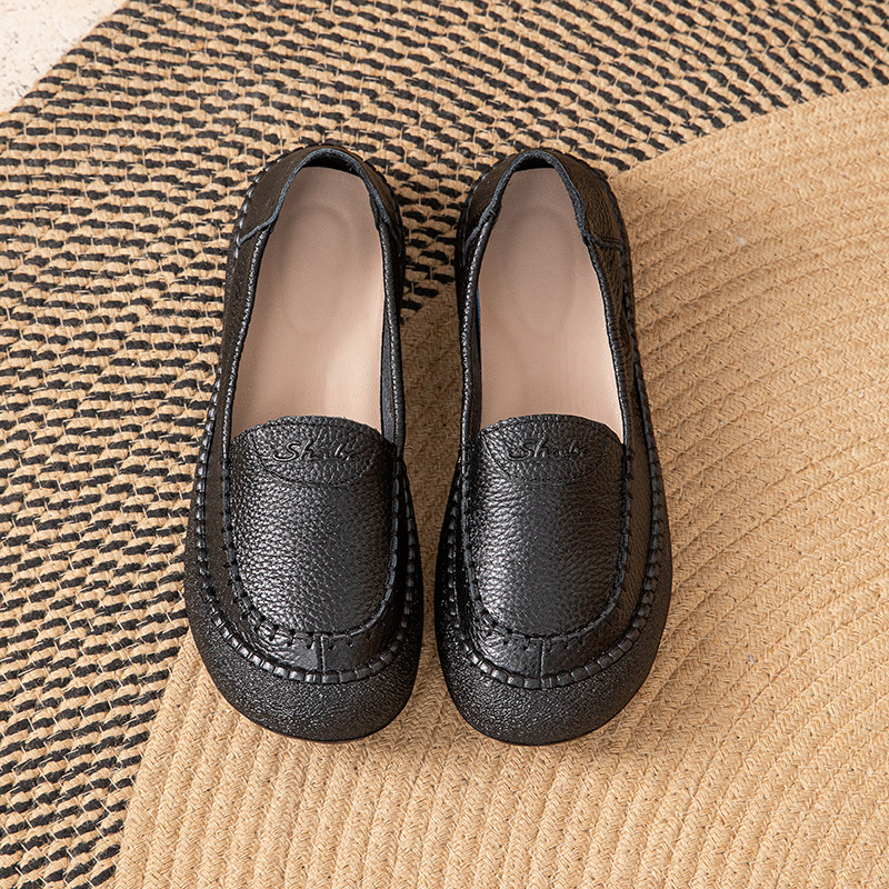 休闲风真皮妈妈鞋女软底舒适一脚蹬中老年皮鞋圆头平底单鞋乐福鞋,淘宝优惠券,粉丝福利购,淘宝优惠卷