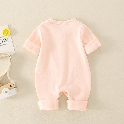 婴儿衣服粉色公主连体衣秋冬满月女宝宝毛衣纯棉百天套装针织哈衣 - 图0
