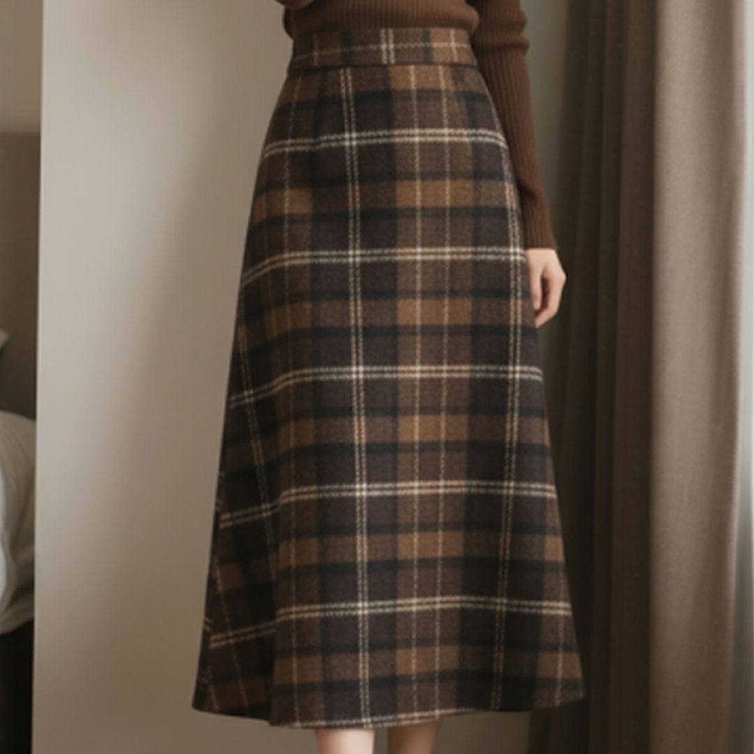 冬裙咖啡色新款女装时尚复古高领毛衣上衣格纹半身裙显瘦洋气套装,淘宝优惠券,粉丝福利购,淘宝优惠卷