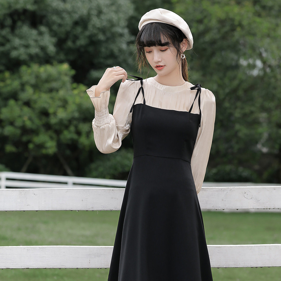 法式复古赫本风假两件长袖连衣裙 雪知芊连衣裙