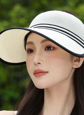 夏天帽子女妈妈大帽檐遮阳防晒网帽百搭薄款透气空顶太阳帽骑车帽