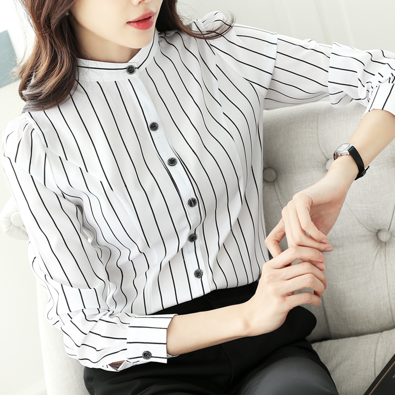 2024秋装新款韩版女装黑白竖条纹修身大码上衣长袖雪纺衬衫女衬衣