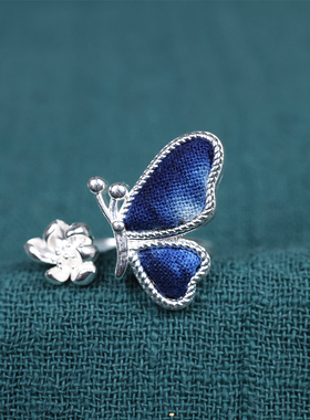 复古蝴蝶刺绣老绣蓝染苗银戒指