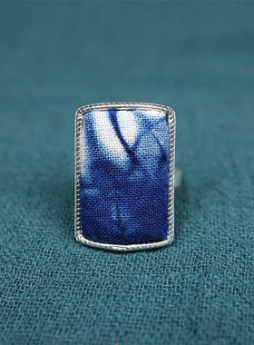 民族风手工刺绣老绣片蓝染戒指