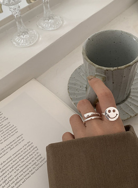 韩版925镀银百搭镂空笑脸戒指女简约个性圆形关节戒子食指戒日韩