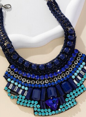 欧美时尚蓝色短款颈链女波西米亚民族风镶钻锁骨链