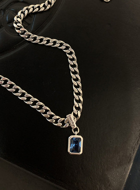 镶钻蓝锆石项链女小众设计感重工简约粗链条幸运锁骨链2024年新潮
