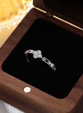 s999纯银足银戒指女ins小众轻奢感四叶草链条食指开口可调节