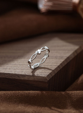 s999纯银足银韩国韩版爱心镂空戒指女ins开口竹节戒指设计款