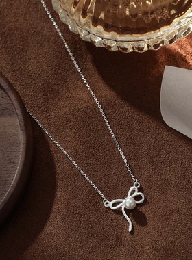 S999纯银足银蝴蝶结淡水珍珠项链蝴蝶结颈链简约INS小红书项链女