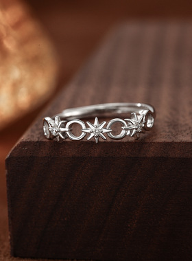 S999纯银足银戒指镶钻星芒圆形指环个性设计气质可调节手饰戒子