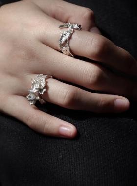 東黑三白/ 一朵玫瑰对半 s930纯银原创设计组合叠戴开口戒指礼物