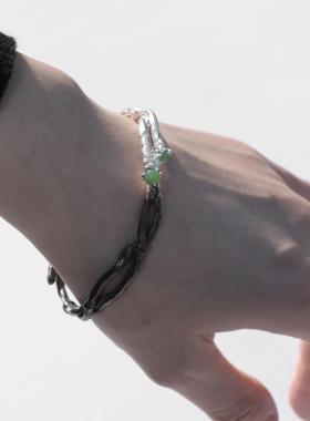 東黑三白/ 青竹通幽处 s930纯银原创玉石百搭竹节简约闭口手镯