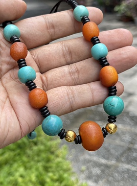 以绿松石 蜜蜡为主的多宝锁骨项链 空心金珠