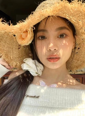 三亚适合海边拍照的帽子女夏季沙滩度假镂空大帽檐拉菲草编织草帽