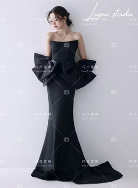 2026影楼韩系情侣主题极简风黑色抹胸赫本礼服高级感婚纱照摄影服