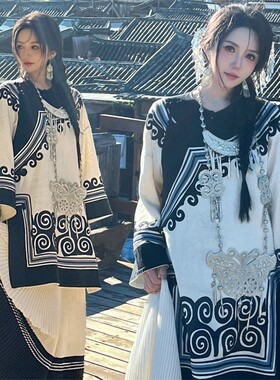 新款重工棉麻彝族全套服装四川凉山爆款传统旅拍摄影写真服饰套装