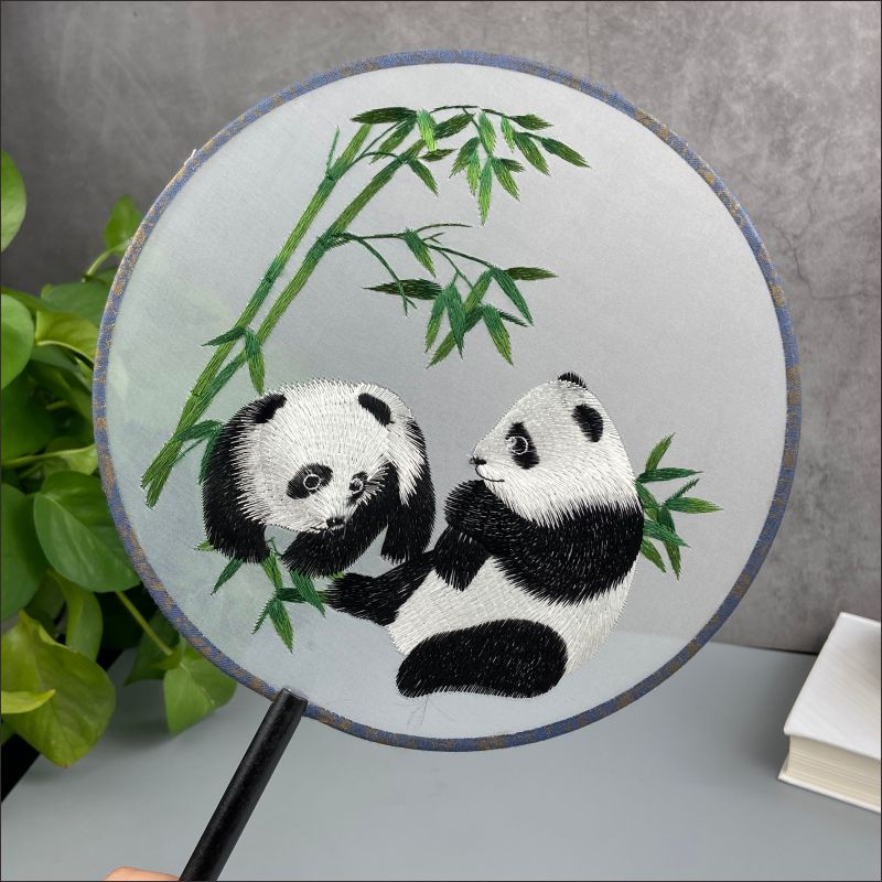 熊猫刺绣长柄团扇古风汉服半透舞蹈旗袍中国风古典扇子成都纪念品 - 图2