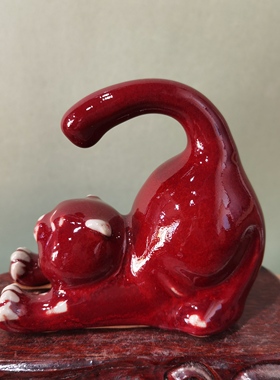 创意钧瓷猫咪茶宠可爱陶瓷趴趴猫茶台茶玩桌面装饰摆件开片纹萌猫