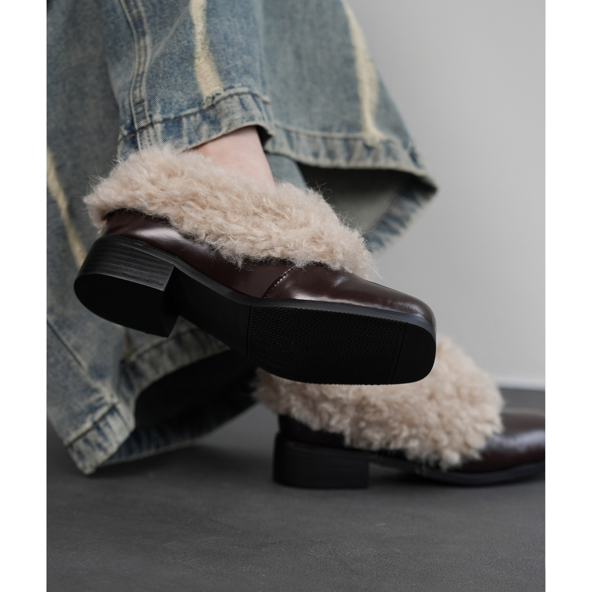 Fermina 新款毛毛乐福鞋女高跟粗跟方头加绒单鞋保暖文艺女鞋时髦,淘宝优惠券,粉丝福利购,淘宝优惠卷