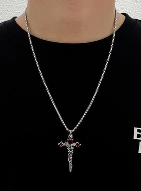 暗黑复古红心玫瑰十字架项链