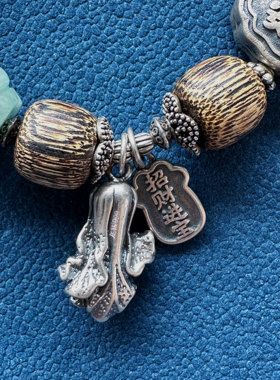 原创设计手工檀木天然石999足银手串