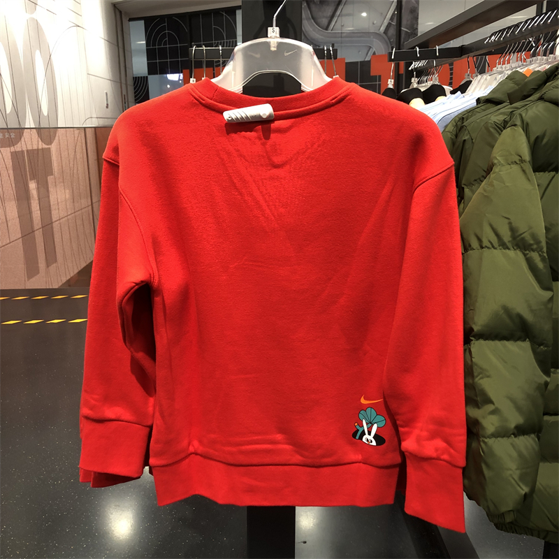 正品Nike耐克秋冬款男女大童红色加绒运动卫衣套头衫 FD4074-657