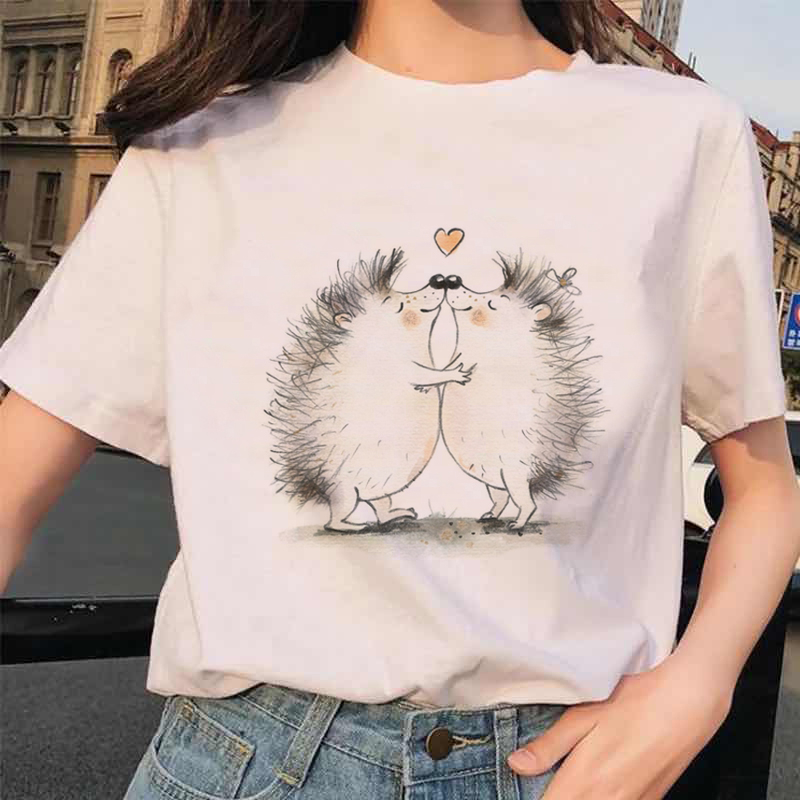 Cute Hedgehog T-shirt夏季卡通刺猬印花女士短袖T恤学生百搭上衣-图1