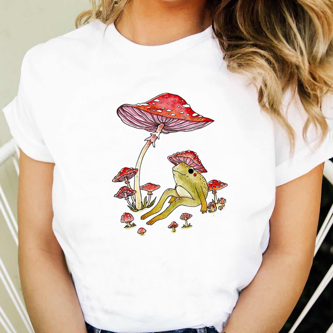 Mushroom Frog Woman T-shirt时尚夏季蘑菇青蛙印花女圆领T恤短信 - 图2